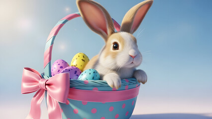 Easter bunny with colorful eggs in basket vector illustration flat design