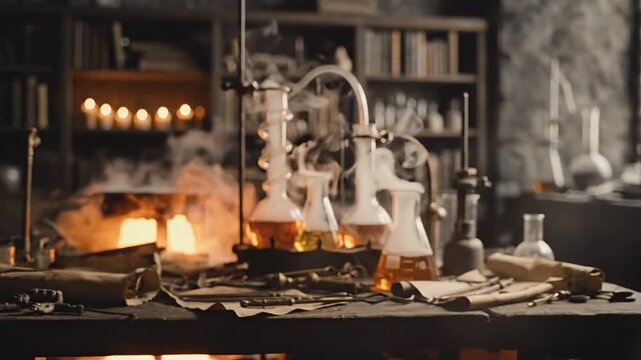 Alchemist's Laboratory with Bubbling Beakers and Flames