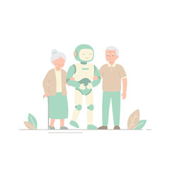 illustration of a friendly faceless humanoid robot walking with an elderly woman and man