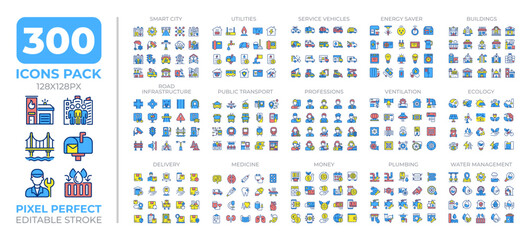 Smart city colorful icons set collectio. Urban management strategy. Innovative solutions for town areas mega pack of flat line symbols, pixel perfect. Isolated vector illustrations. Editable stroke