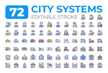 City systems colorful icons big set. Urban infrastructure development. Comfortable living at townsite. Public services iconset color linear symbols. Vector isolated flat illustrations. Editable stroke