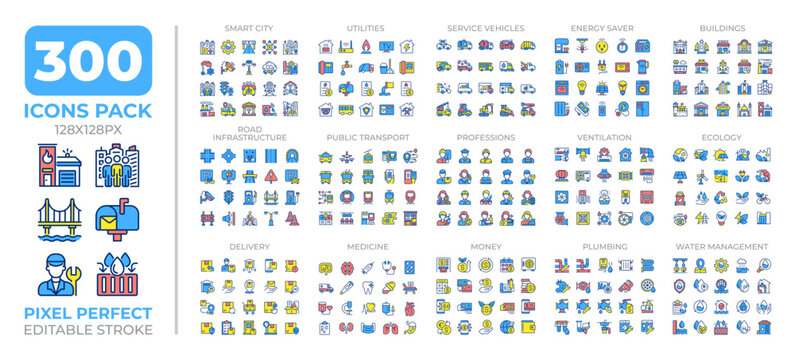 Smart city colorful icons set collectio. Urban management strategy. Innovative solutions for town areas mega pack of flat line symbols, pixel perfect. Isolated vector illustrations. Editable stroke