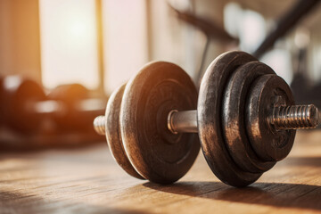 Close-up of a heavy metal dumbbell on a wooden floor in a gym with warm sunlight streaming through windows creating a calm workout atmosphere