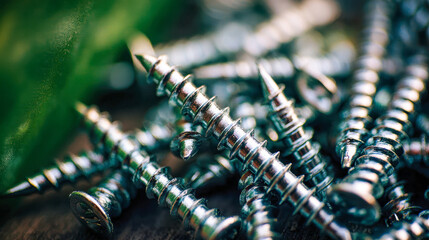 Shiny metal screws with sharp pointed tips and threaded bodies scattered closely on a dark surface showing intricate details and reflective textures under soft lighting