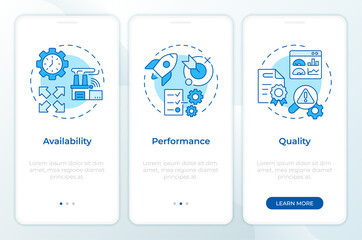 Equipment effectiveness control blue onboarding mobile app screen. Walkthrough 3 steps editable graphic instructions with linear concepts. UI, UX, GUI. Montserrat SemiBold, Regular fonts used