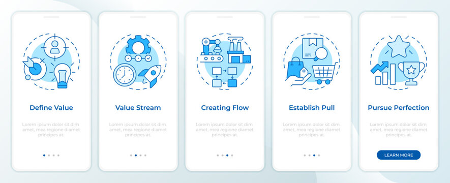Five principles of lean management blue onboarding mobile app screen. Walkthrough 5 steps editable graphic instructions with linear concepts. UI, UX, GUI. Montserrat SemiBold, Regular fonts used