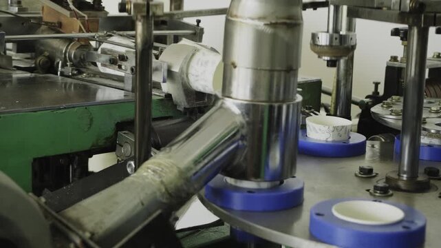 High-tech industrial machine assembling and sealing printed paper coffee cups on an automated conveyor, showing precise wrapping and forming steps of a modern production line
