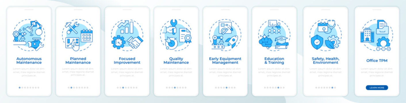 Total productive maintenance blue onboarding mobile app screen. Walkthrough 8 steps editable graphic instructions with linear concepts. UI, UX, GUI. Montserrat SemiBold, Regular fonts used