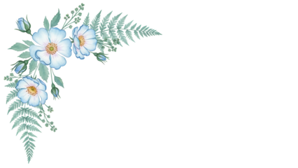 Minimal elegant watercolor floral corner border featuring wild roses and fern in pastel blue isolated on white background