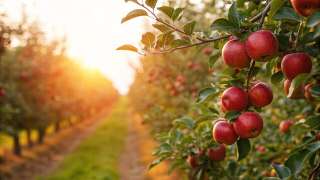 Sunrise in an apple orchard with ripe red apples hanging on trees and sunlight shining through the branches