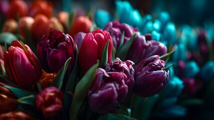 Colorful bouquet of fresh tulips with smooth petals and green leaves, perfect for spring cards, floral prints