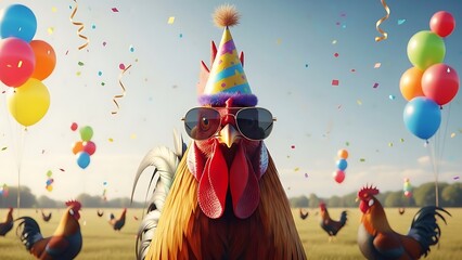 Colorful Rooster Wearing Sunglasses and Party Hat Celebrating with Balloons and Confetti