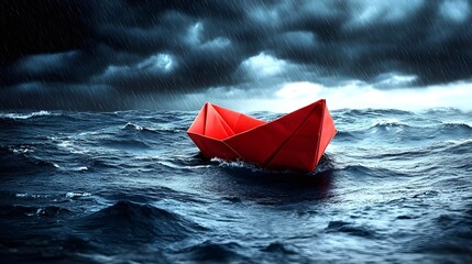 Red boat floats on dark sea under stormy sky during heavy rain and strong winds
