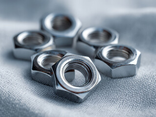 Shiny steel hexagonal nuts arranged on textured fabric surface demonstrating metallic craftsmanship and industrial hardware detail in soft lighting