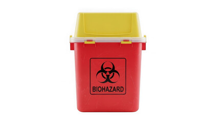 Red biohazard container with yellow lid