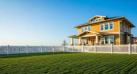 A charming two-story craftsman home with a white picket fence and a vibrant green lawn. The house is positioned on the right third of the frame, leaving a clear, bright blue sky on the left for text o