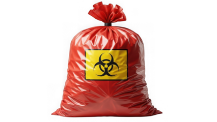 Red biohazard trash bag with yellow warning label