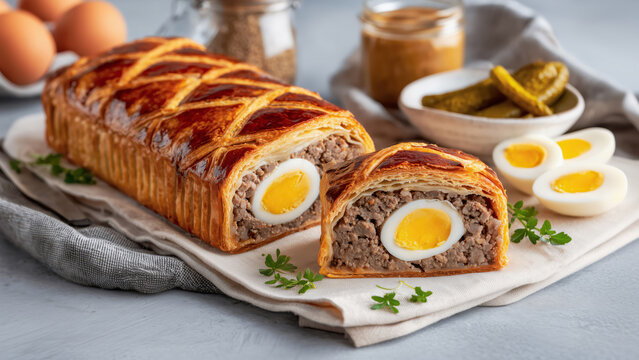 French Easter Meat pie (P&acirc;t&eacute; Berrichon) on a white linen runner. A traditional Easter dish from the Berry region in France. 