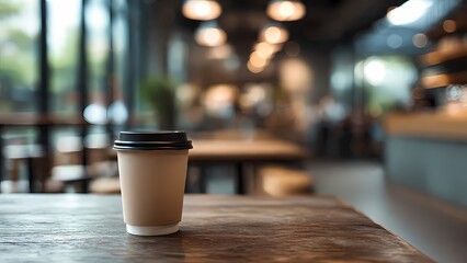 Single paper coffee cup with a lid on a wooden table in a bright and airy coffee shop environment.