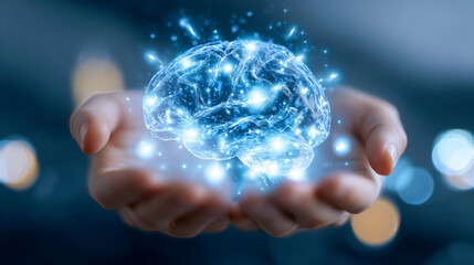 Hands gently holding a glowing digital brain hologram with connected networks representing artificial intelligence and futuristic technology innovation concept