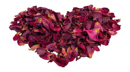Heart shape made of burgundy rose petals on transparent background for love concept