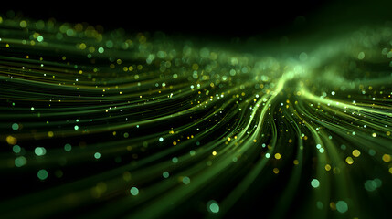 Abstract technology background with green fiber optic data lines flow
