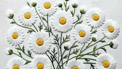 Fototapeta premium White daisy flowers with yellow centers and green stems arranged in botanical pattern on light background for spring design projects.