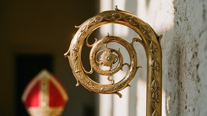 Detail of Golden Sinterklaas Staff with Realistic Metal Texture in Sunlit Interior