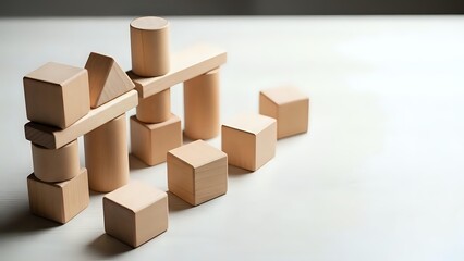 Obraz premium Wooden building blocks scattered on white surface creating abstract geometric composition for educational toys and creative play concepts.