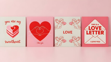 Four valentines day cards with heart designs on pink background