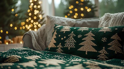 Cozy Christmas living room with festive green pillows featuring gold tree patterns on neutral sofa, warm holiday lights creating magical bokeh atmosphere.