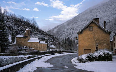 Mountain village in winter in Ariege Pyrenees France