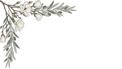 Fototapeta premium Minimal luxury botanical corner border featuring magnolia and olive branches in neutral earth tones isolated on white background