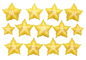 Starfruit slices pattern isolated with bright yellow color and star shape, realistic tropical fruit illustration for food backgrounds