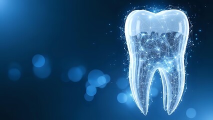 Digital tooth structure with glowing outline on blue background with bokeh lights for dental healthcare and oral hygiene concepts.