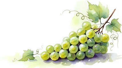 Obraz premium Fresh green grapes cluster with vine leaves and tendrils on white background, isolated fruit element for wine industry and healthy food designs.