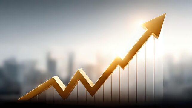 Golden arrow chart showing upward growth trend against blurred city skyline background symbolizing business success and financial progress in corporate environment.
