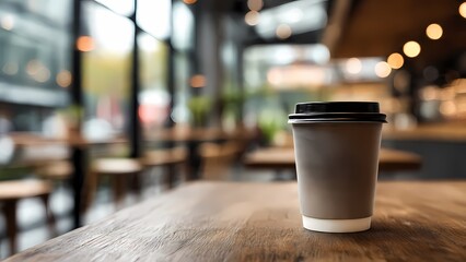 Close up of a brown takeaway coffee cup on a wooden table with a soft focus background of a stylish cafe.
