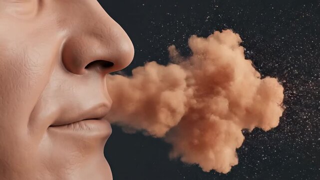 Close-up of a human nose expelling a large cloud of reddish-brown dust particles into the air, illustrating respiratory expulsion or a sneeze.
