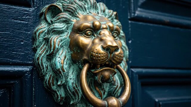 A captivating close-up shot focuses on an exquisitely crafted antique-style door knocker, featuring the powerful and majestic head of a lion. The detailed brass or bronze sculpture exhibits a rich, we