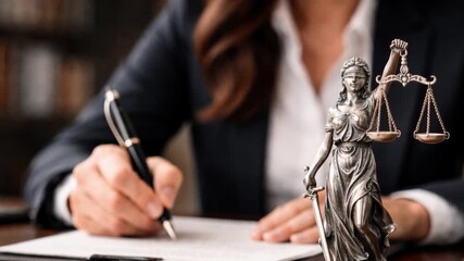 Law office female lawyer working with contract documents on table selective focus on statue of Lady Justice.