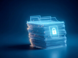 Digital stack of glowing holographic documents with a security lock icon symbolizing data protection and secure information management in futuristic style