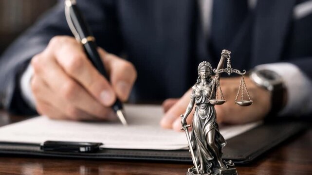 Law office male lawyer working with contract documents on table selective focus on statue of Lady Justice.
