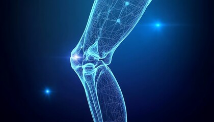 Digital visualization of human knee joint in x-ray style against dark blue background