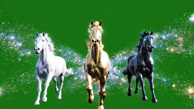 Three magical white, gold, and black horses gallop forward in a dynamic 3d render against a vibrant green screen.