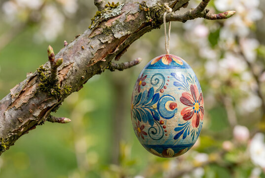 Macro Detail of Hand Painted Easter Egg on Spring Branch