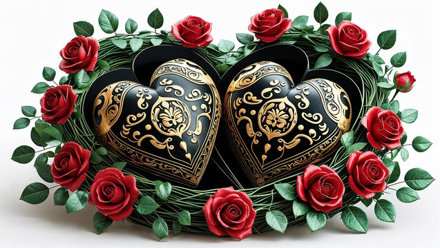 Luxury fantasy wide image of plump black hearts with gold patterns held in rose nest on white 3D style.