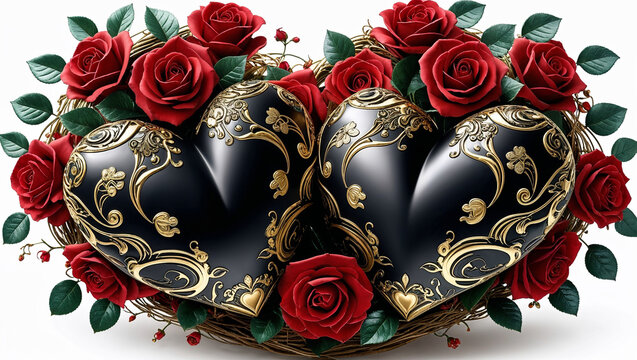 Wide composition featuring two black gold carved hearts softly surrounded by roses on white background, 3D illustration.