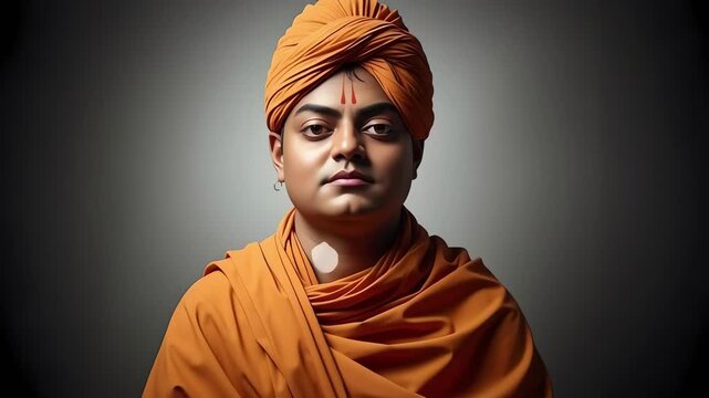 Cinematic portrait of a dignified Indian spiritual monk inspired by Swami Vivekananda