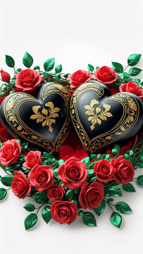 Stylish vertical fantasy image two gold carved black hearts in lush rose nest bright white background 3D.